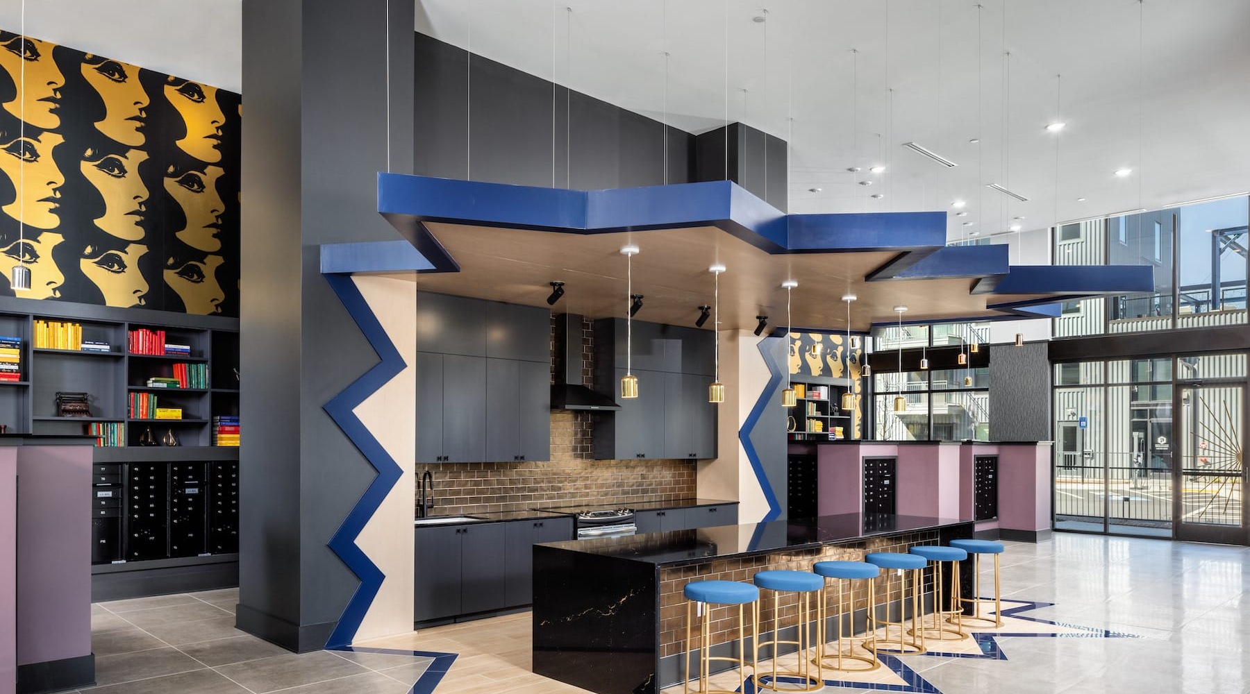 rendering of lounge area and colorful decor lounge room with ample seating