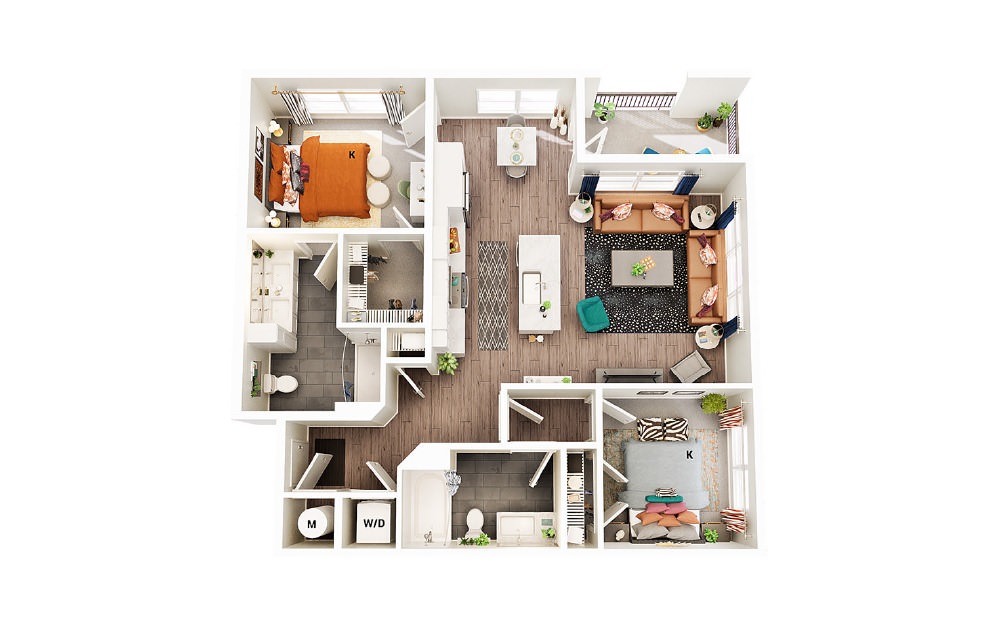 B1 - A - 2 bedroom floorplan layout with 2 baths and 1065 square feet. (Package A)