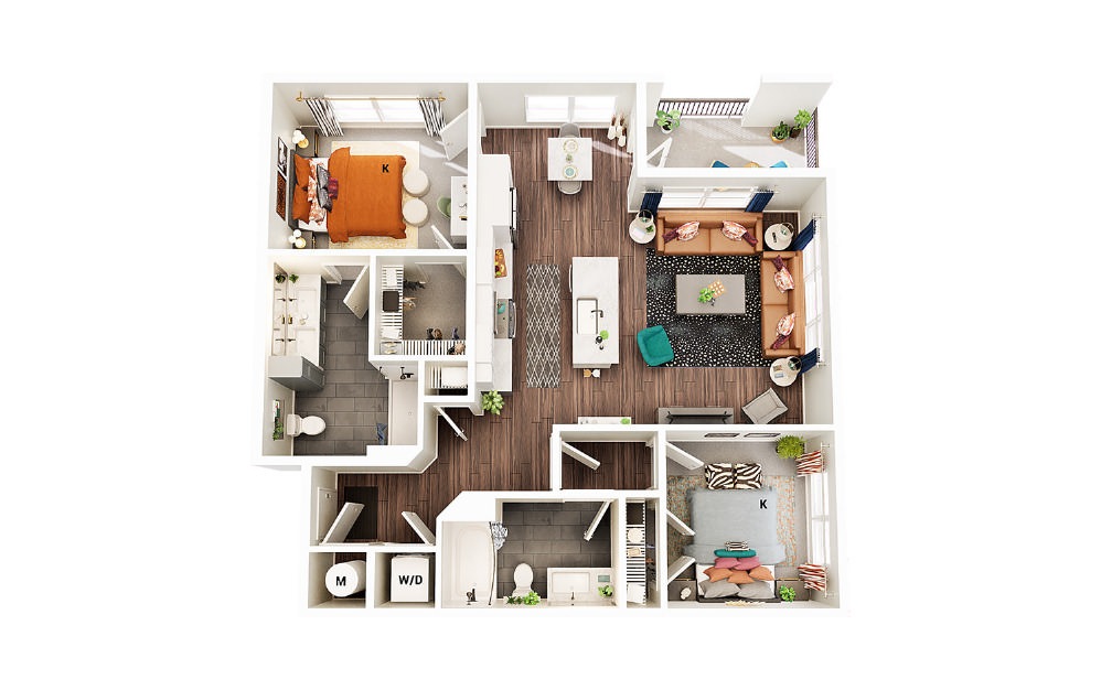 B1 - A HC - 2 bedroom floorplan layout with 2 baths and 1065 square feet.